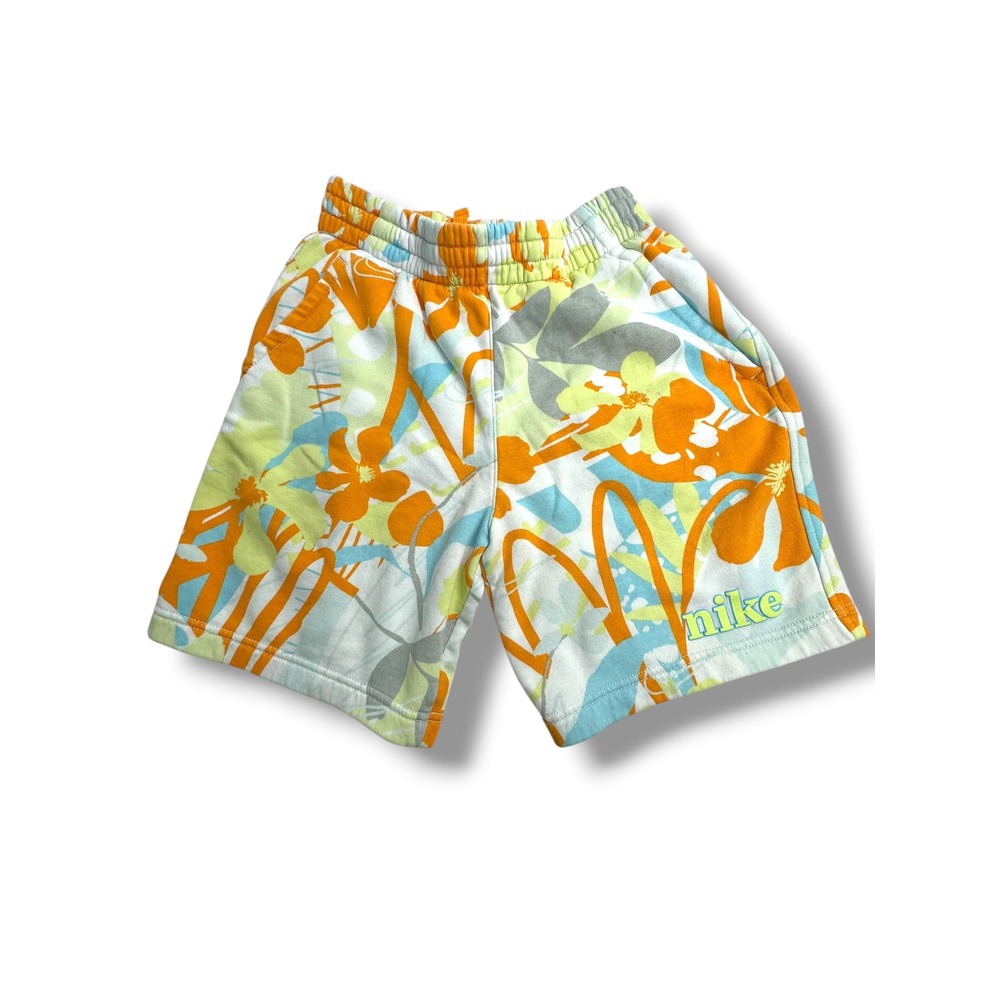 Nike Boys Large Fleece Shorts Orange Blue Floral Abstract Print Elastic Waist L
